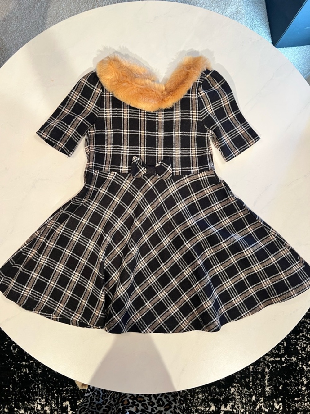 Janie and Jack Black and White Plaid Coat with Tan Faux Fur